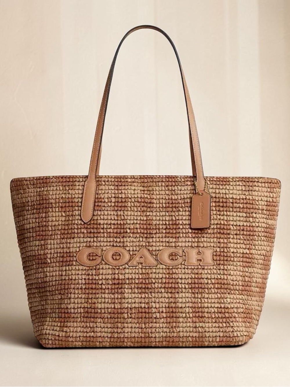 COACH City Tote in Gingham Straw w/Leather Trim